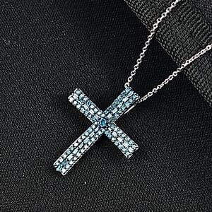 D'Joy Blue Diamond 0.50 ctw Eternal Radiance Cross Pendant Necklace in Rhodium Over Sterling Silver 20 Inches 