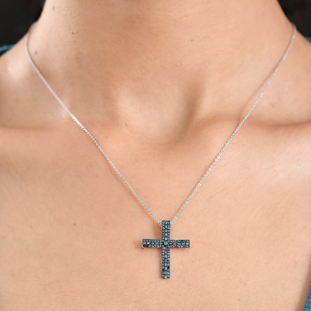 D'Joy Blue Diamond 0.50 ctw Eternal Radiance Cross Pendant Necklace in Rhodium Over Sterling Silver 20 Inches  image number 2