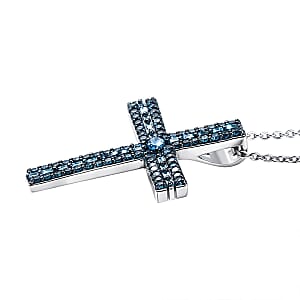 D'Joy Blue Diamond 0.50 ctw Eternal Radiance Cross Pendant Necklace in Rhodium Over Sterling Silver 20 Inches 