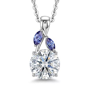 D'Joy Moissanite and Tanzanite 2.10 ctw Twilight Spark Pendant Necklace in Rhodium Over Sterling Silver 20 Inches 