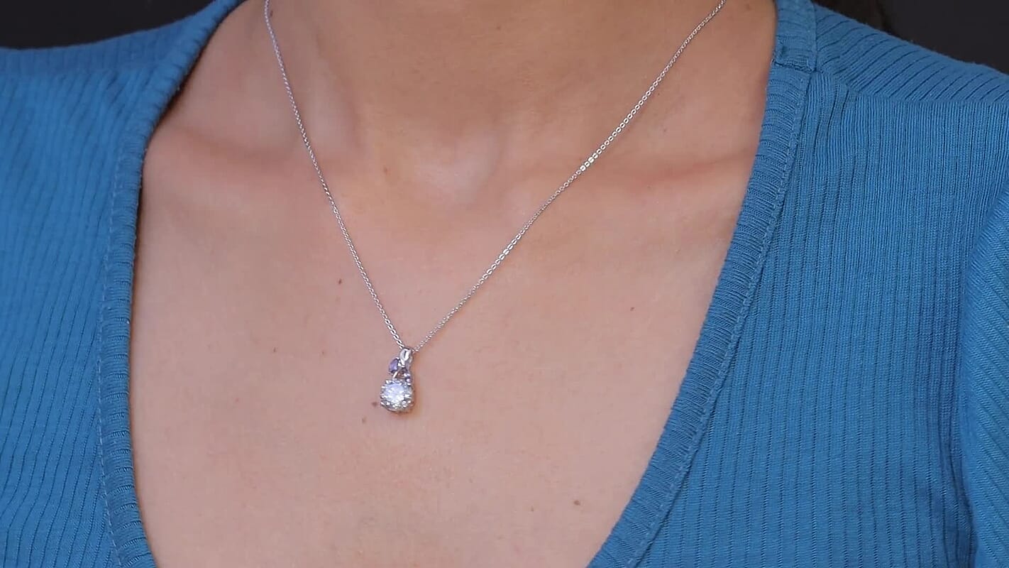 D'Joy Moissanite and Tanzanite 2.10 ctw Twilight Spark Pendant Necklace in Rhodium Over Sterling Silver 20 Inches