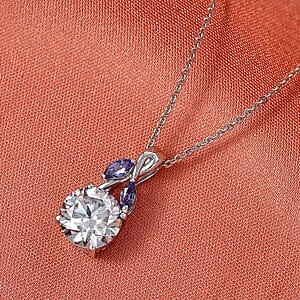 D'Joy Moissanite and Tanzanite 2.10 ctw Twilight Spark Pendant Necklace in Rhodium Over Sterling Silver 20 Inches 