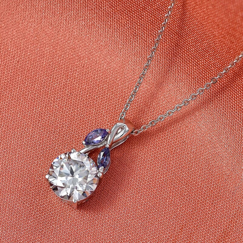 D'Joy Moissanite and Tanzanite 2.10 ctw Twilight Spark Pendant Necklace in Rhodium Over Sterling Silver 20 Inches