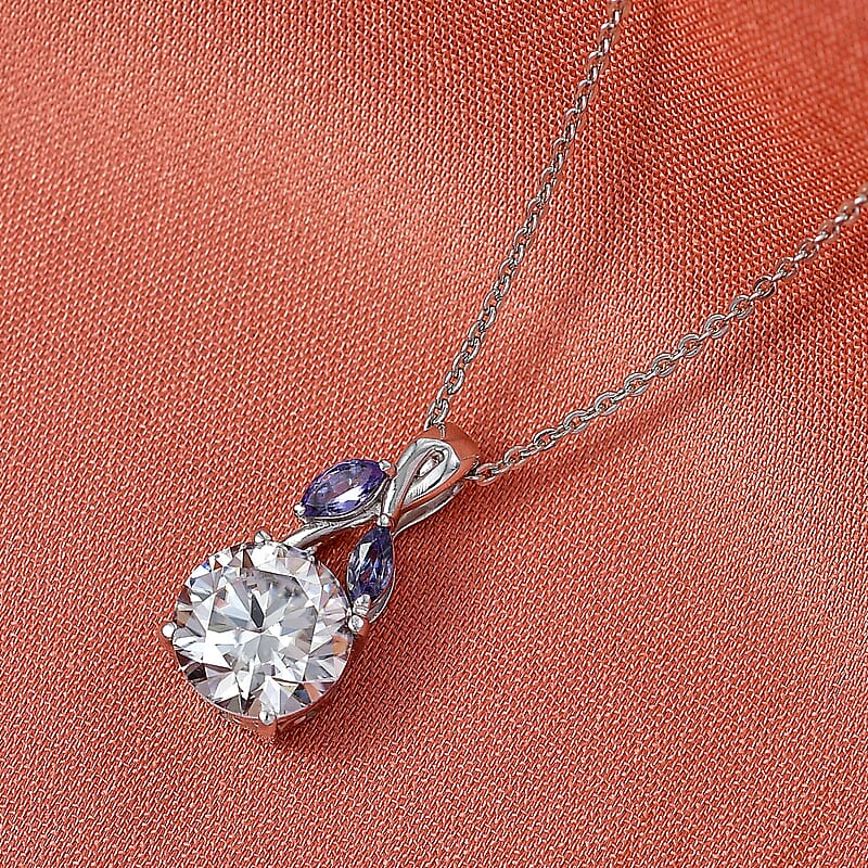 D'Joy Moissanite and Tanzanite 2.10 ctw Twilight Spark Pendant Necklace in Rhodium Over Sterling Silver 20 Inches