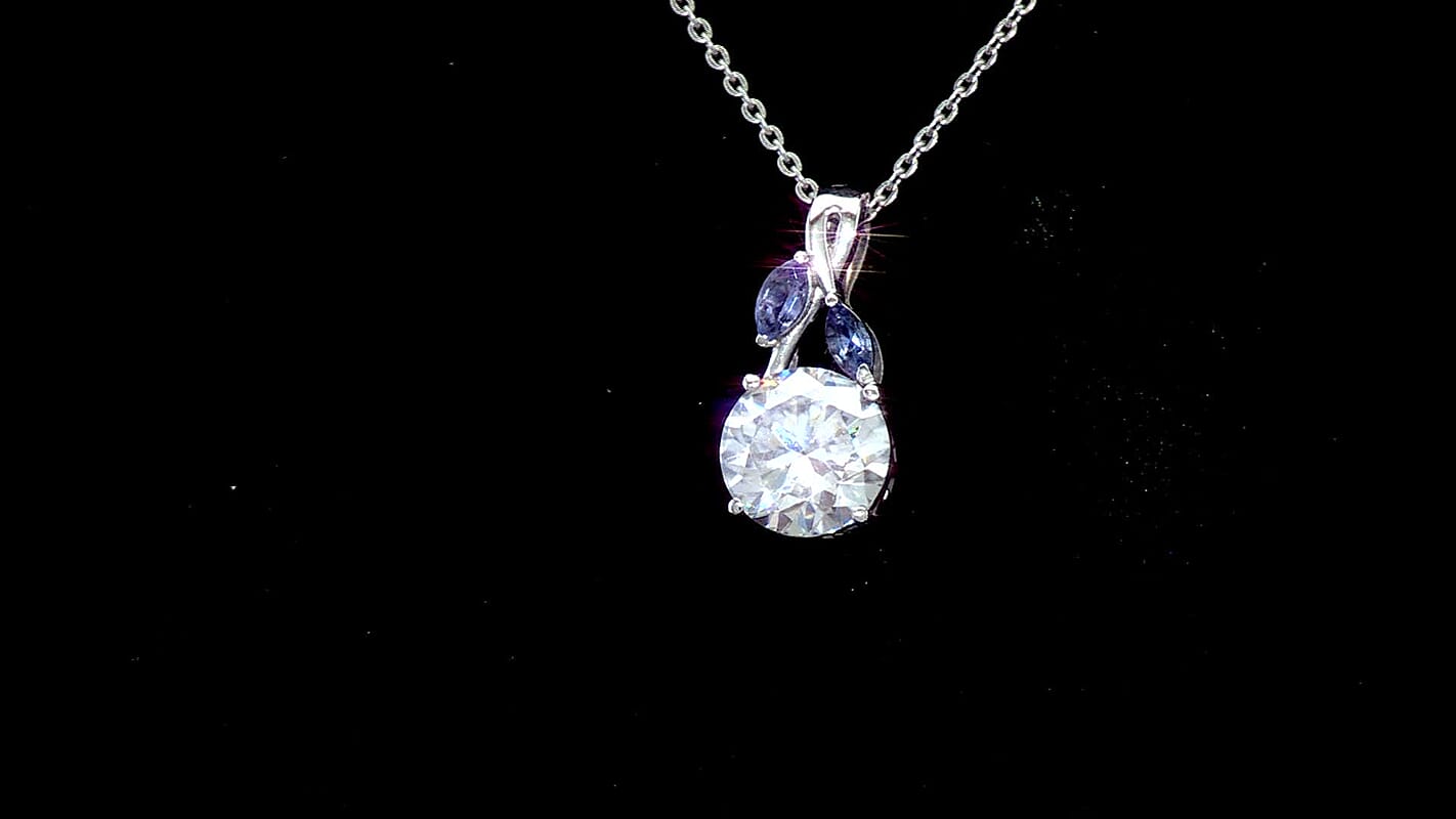 D'Joy Moissanite and Tanzanite 2.10 ctw Twilight Spark Pendant Necklace in Rhodium Over Sterling Silver 20 Inches