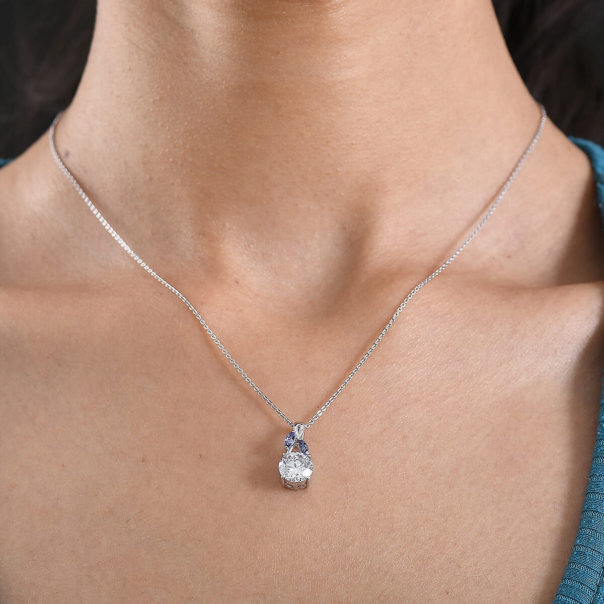 D'Joy Moissanite and Tanzanite 2.10 ctw Twilight Spark Pendant Necklace in Rhodium Over Sterling Silver 20 Inches  image number 2