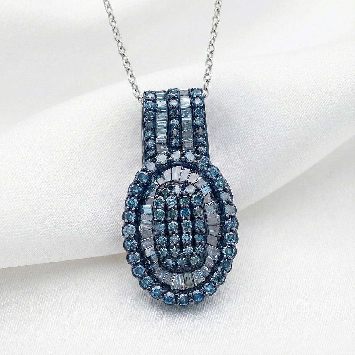 TLV D'Joy Blue Diamond 1.00 ctw Cocktail Cluster Pendant Necklace in Rhodium Over Sterling Silver 20 Inches  image number 1