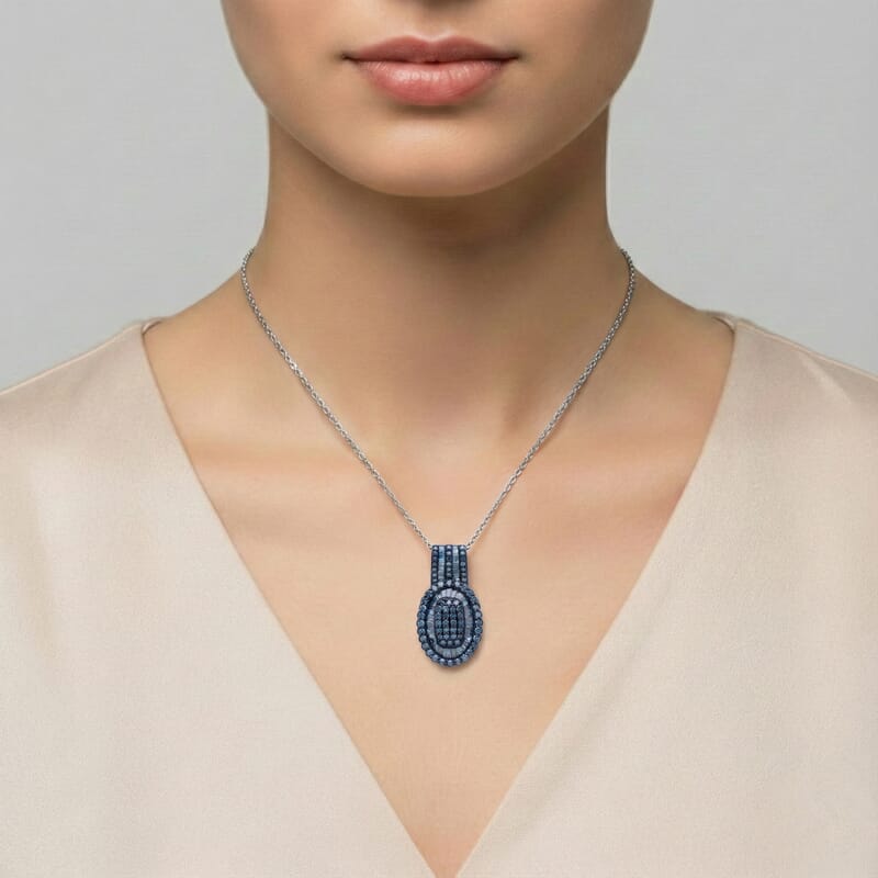D'Joy Blue Diamond 1.00 ctw Cocktail Cluster Pendant Necklace in Rhodium Over Sterling Silver 20 Inches