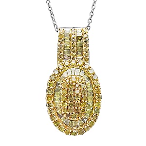 D'Joy Yellow Diamond 1.00 ctw  Cocktail Cluster Pendant Necklace in Rhodium Over Sterling Silver 20 Inches