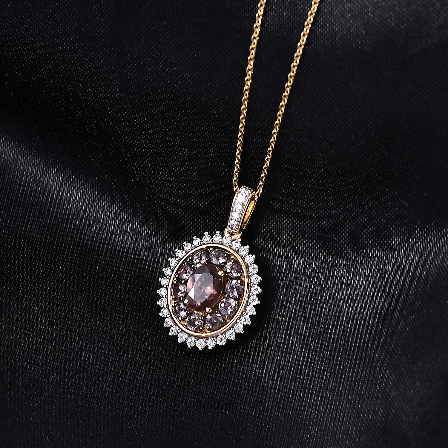 D'Joy Premium Madagascar Color Change Garnet and Moissanite 2.30 ctw Eclipse Halo Pendant Necklace in 18K Vermeil Yellow Gold Over Sterling Silver 20 Inches 