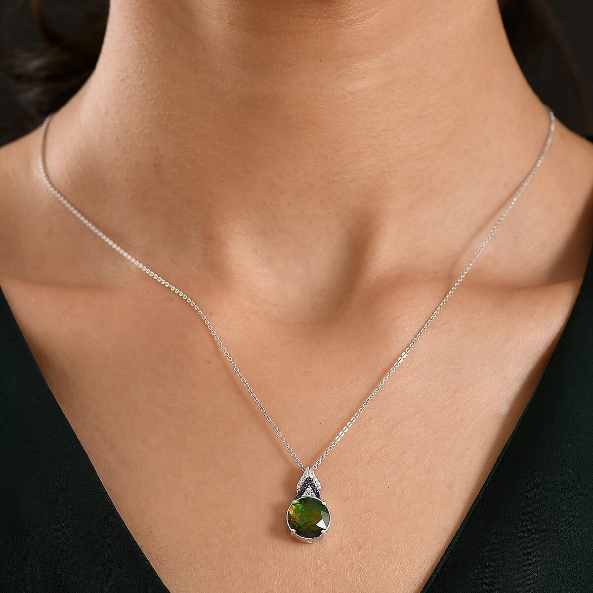 D'Joy Canadian Ammolite and Multi Gemstone 2.85 ctw Royal Arch Spectrum Pendant Necklace in Rhodium Over Sterling Silver 20 Inches image number 2