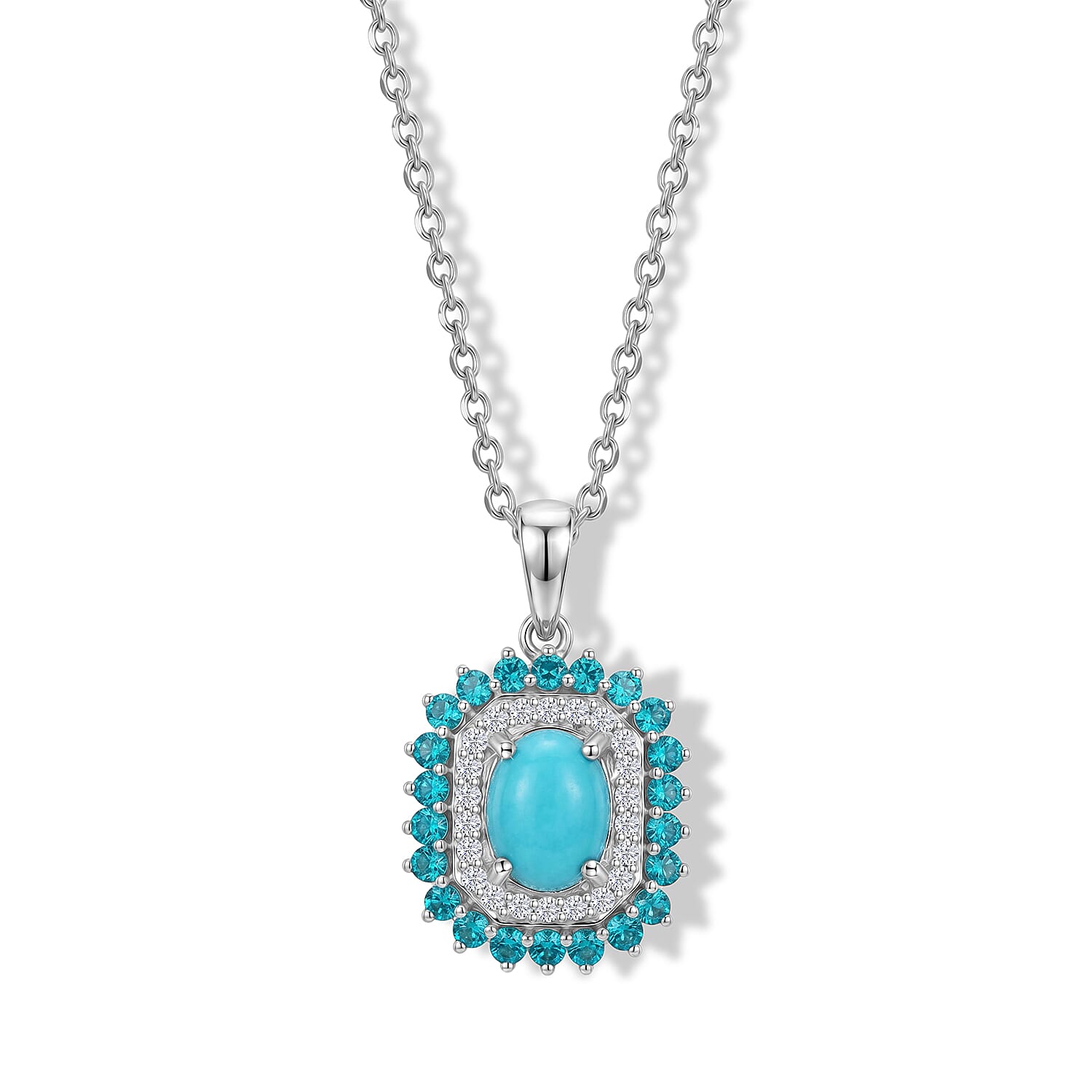 Premium Sleeping Beauty Turquoise and Multi Gemstone 1.85 ctw Pendant in Rhodium Over Sterling Silver with Stainless Steel Necklace 20 Inches) 
