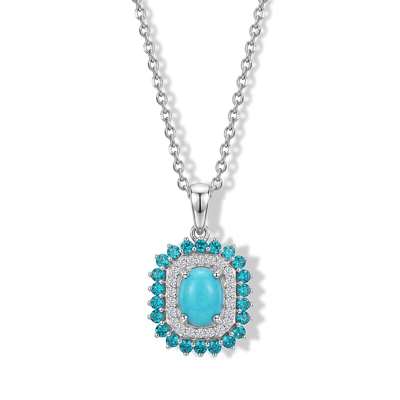 Premium Sleeping Beauty Turquoise and Multi Gemstone 1.85 ctw Pendant in Rhodium Over Sterling Silver with Stainless Steel Necklace 20 Inches) 