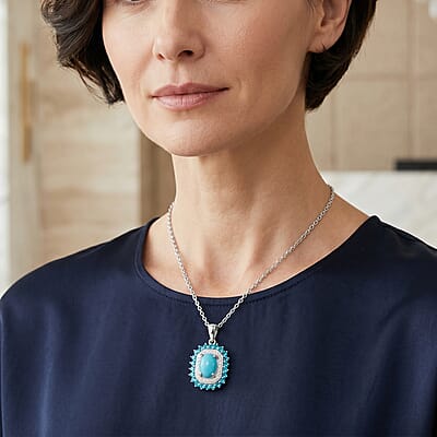Premium Sleeping Beauty Turquoise and Multi Gemstone 1.85 ctw Pendant in Rhodium Over Sterling Silver with Stainless Steel Necklace 20 Inches) 