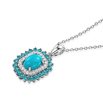 Premium Sleeping Beauty Turquoise and Multi Gemstone 1.85 ctw Pendant in Rhodium Over Sterling Silver with Stainless Steel Necklace 20 Inches) 