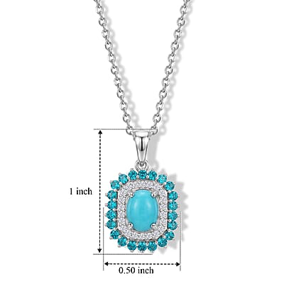 Premium Sleeping Beauty Turquoise and Multi Gemstone 1.85 ctw Pendant in Rhodium Over Sterling Silver with Stainless Steel Necklace 20 Inches) 