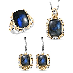 EverTrue 3 Piece Set - Malagasy Labradorite Earrings, Ring (Size 8) and Pendant in ION Plated 18K YG and Platinum Bond with Stainless Steel Necklace (20 Inches) 30.45 ctw