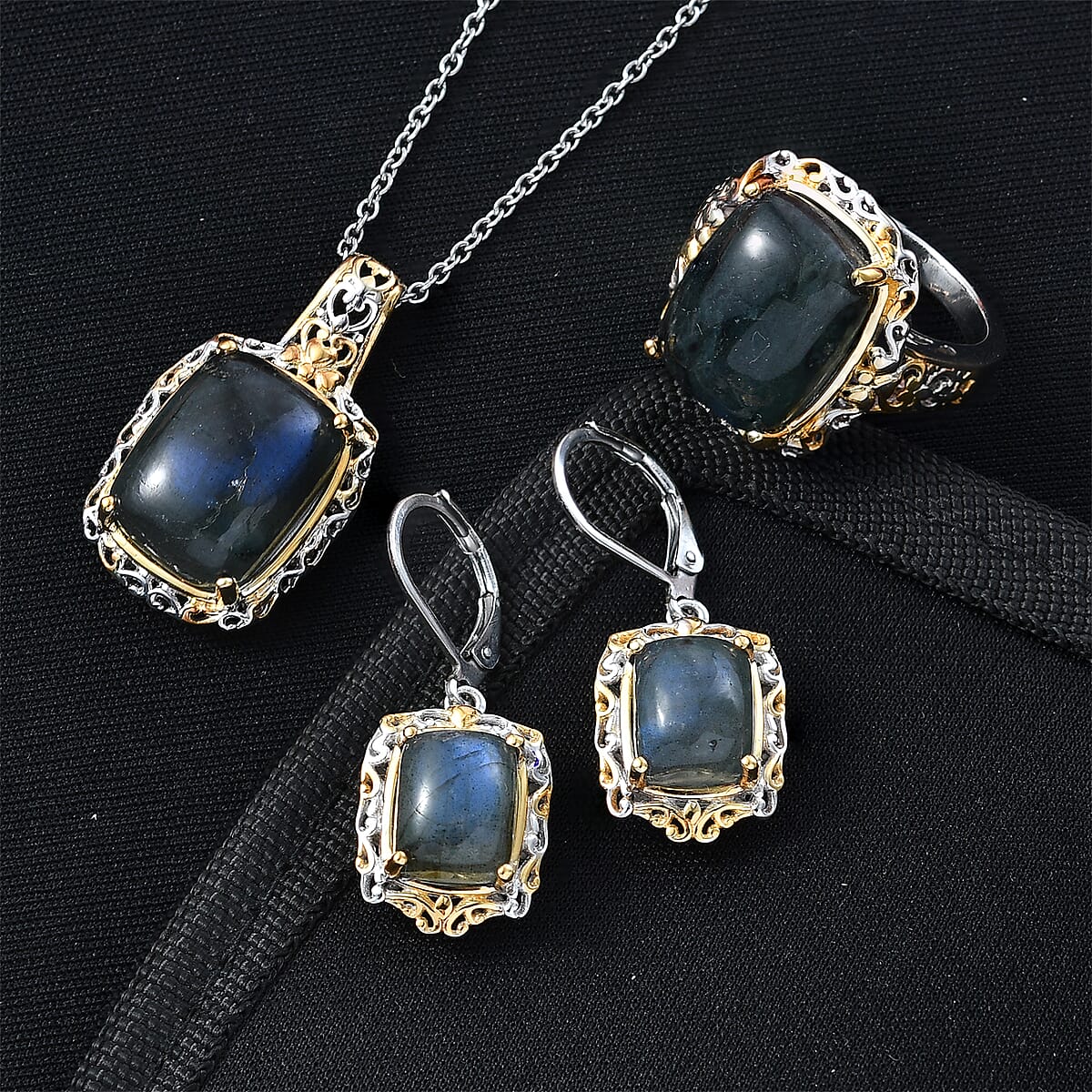EverTrue 3 Piece Set - Malagasy Labradorite Earrings, Ring (Size 8) and Pendant in ION Plated 18K YG and Platinum Bond with Stainless Steel Necklace (20 Inches) 30.45 ctw image number 1