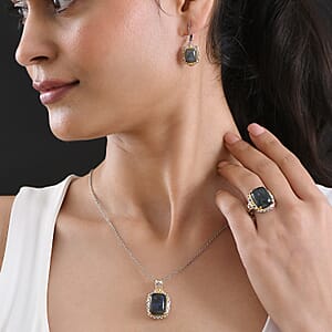 EverTrue 3 Piece Set - Malagasy Labradorite Earrings, Ring (Size 8) and Pendant in ION Plated 18K YG and Platinum Bond with Stainless Steel Necklace (20 Inches) 30.45 ctw