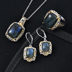 EverTrue 3 Piece Set - Malagasy Labradorite 30.40 ctw Earrings, Ring (Size 8) and Pendant in ION Plated 18K YG and Platinum Bond with Stainless Steel Necklace 20 Inches (Del. in 7-10 Days)