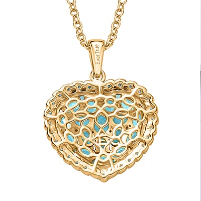 EverTrue Betroka Blue Apatite, White Zircon Heart of Aqualis 3.65 ctw Pendant in 18K YG Plated with ION Plated YG Stainless Steel Necklace (20 Inches)