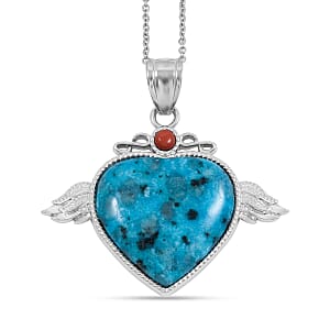 Aqua Quartz, Red Aventurine Angel Wing Heart Pendant in Silvertone with Stainless Steel Necklace (20 Inches) 38.00 ctw