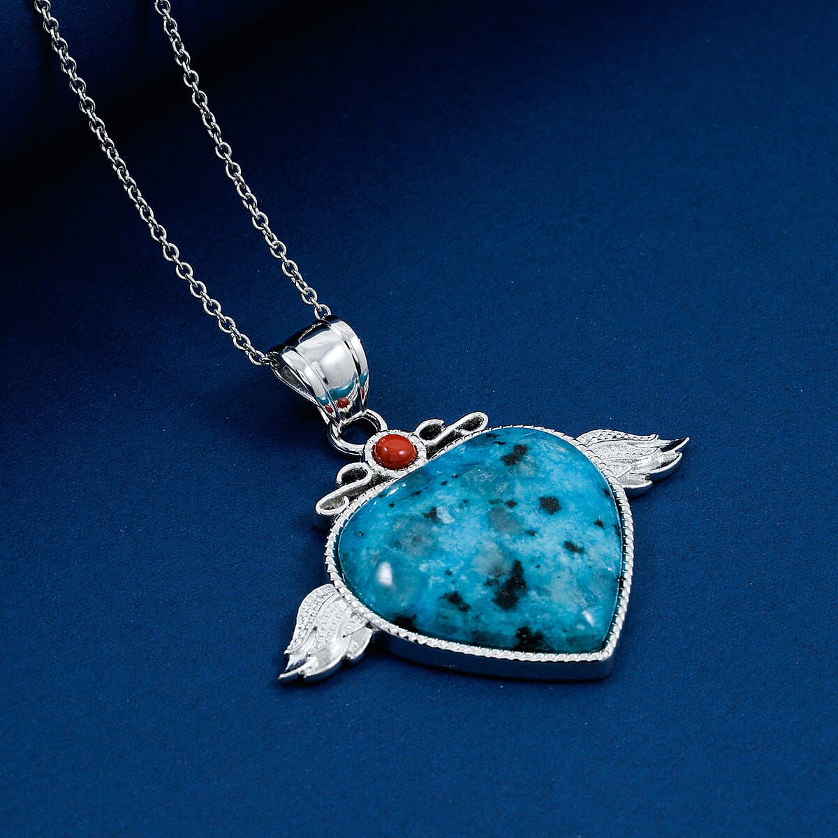 Aqua Quartz, Red Aventurine Angel Wing Heart Pendant in Silvertone with Stainless Steel Necklace (20 Inches) 38.00 ctw image number 1