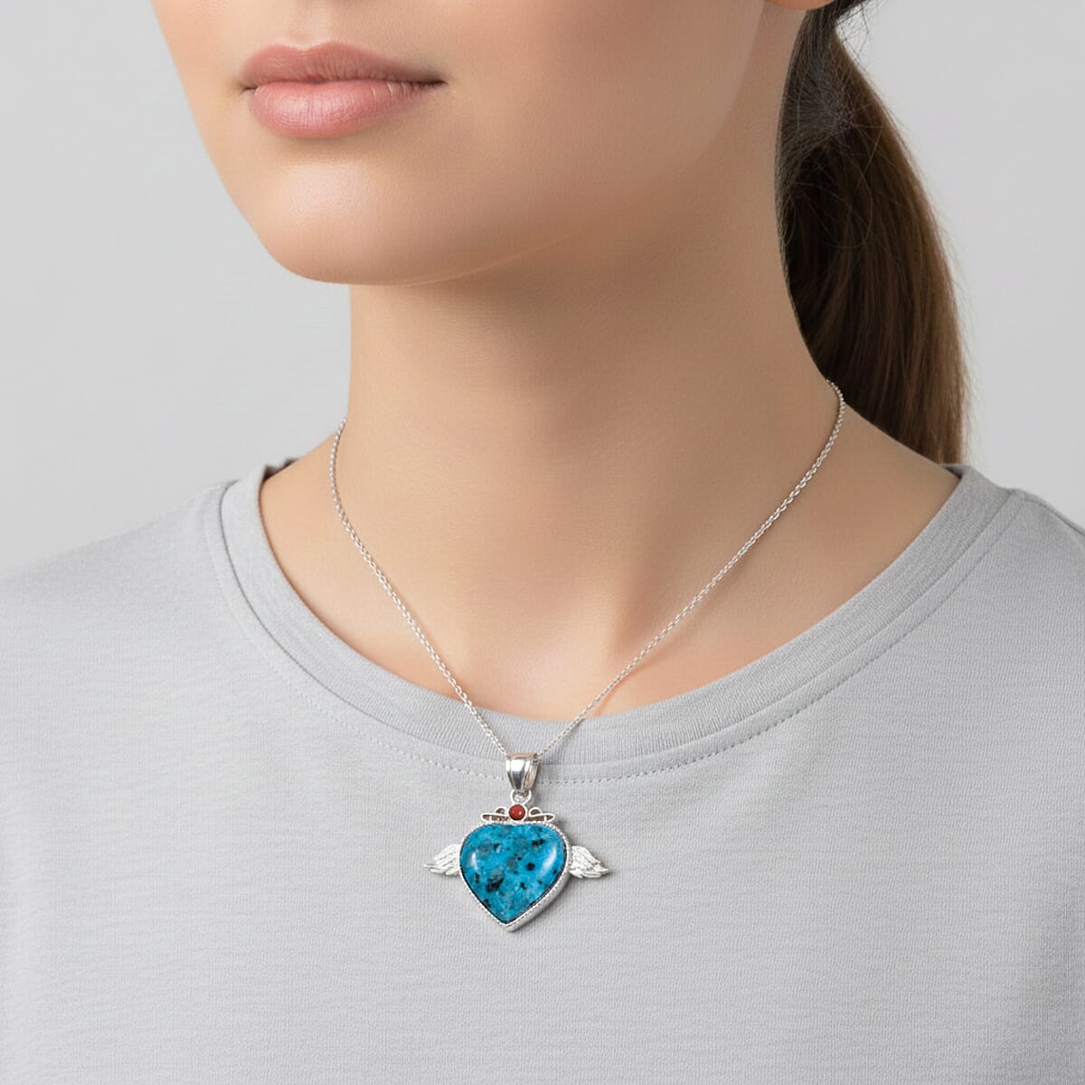 Aqua Quartz, Red Aventurine Angel Wing Heart Pendant in Silvertone with Stainless Steel Necklace (20 Inches) 38.00 ctw image number 2