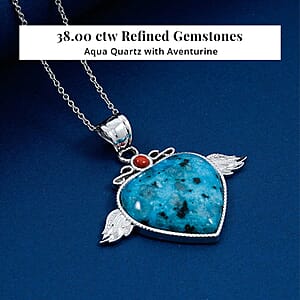 Aqua Quartz, Red Aventurine Angel Wing Heart Pendant in Silvertone with Stainless Steel Necklace 38.00 ctw (20 Inches)