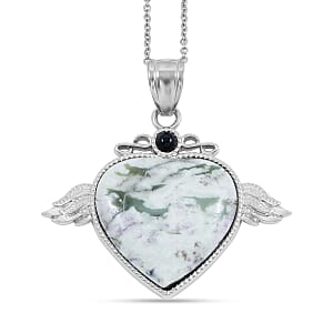 Peace Jasper and Black Onyx 41.50 ctw Angel Wing Heart Pendant in Silvertone with Stainless Steel Necklace 20 Inches
