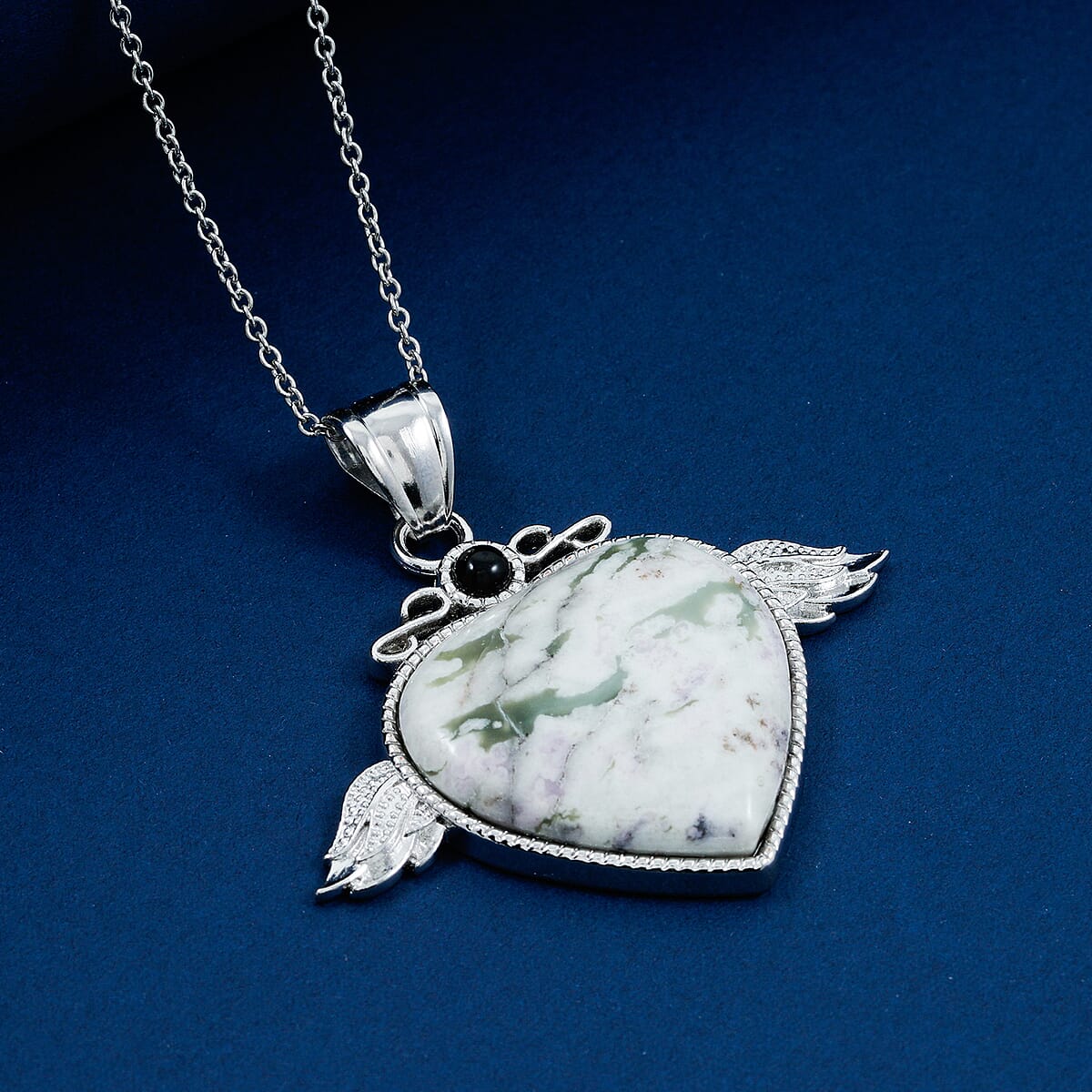 Peace Jasper and Black Onyx 41.50 ctw Angel Wing Heart Pendant in Silvertone with Stainless Steel Necklace 20 Inches image number 1