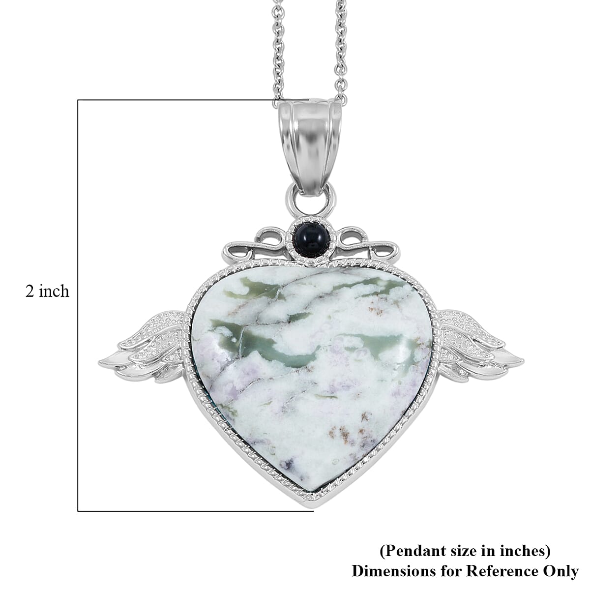 Peace Jasper and Black Onyx 41.50 ctw Angel Wing Heart Pendant in Silvertone with Stainless Steel Necklace 20 Inches image number 5
