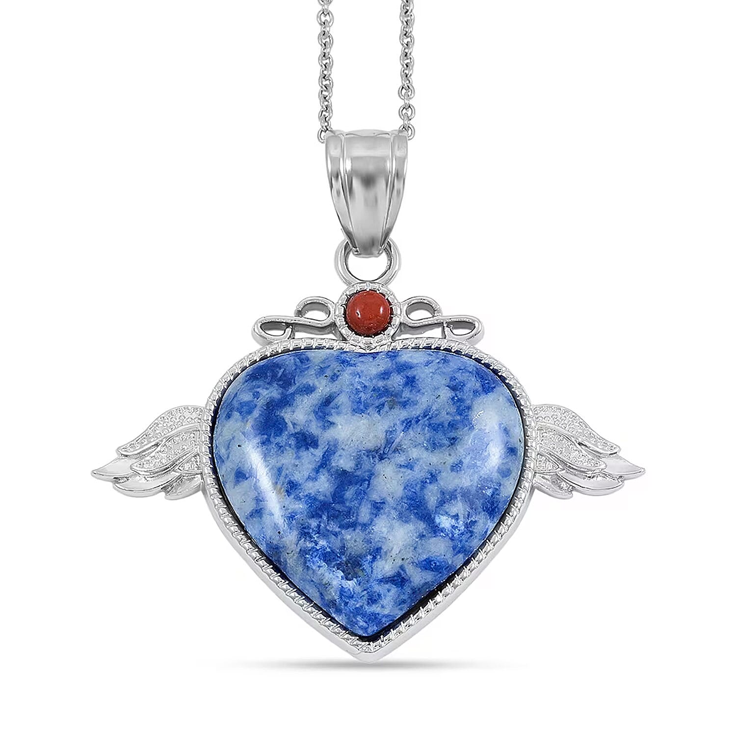 Sodalite, Red Aventurine Angel Wing Heart Pendant in Silvertone with Stainless Steel Necklace 35.50 ctw (20 Inches)