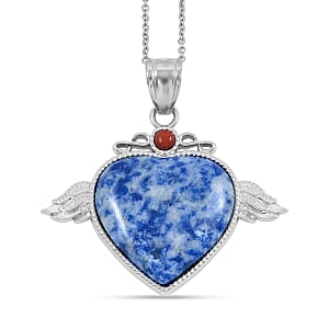 Sodalite and Red Aventurine 35.50 ctw Angel Wing Heart Pendant in Silvertone with Stainless Steel Necklace 20 Inches
