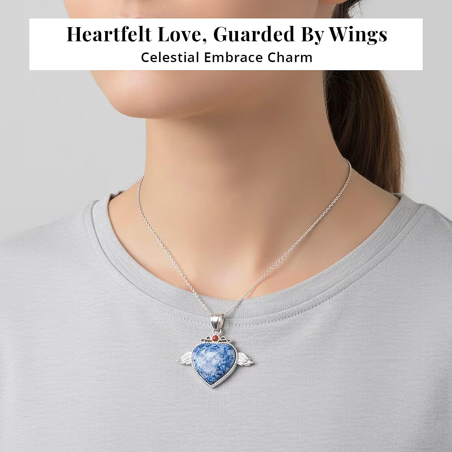 Sodalite, Red Aventurine Angel Wing Heart Pendant in Silvertone with Stainless Steel Necklace 35.50 ctw (20 Inches)