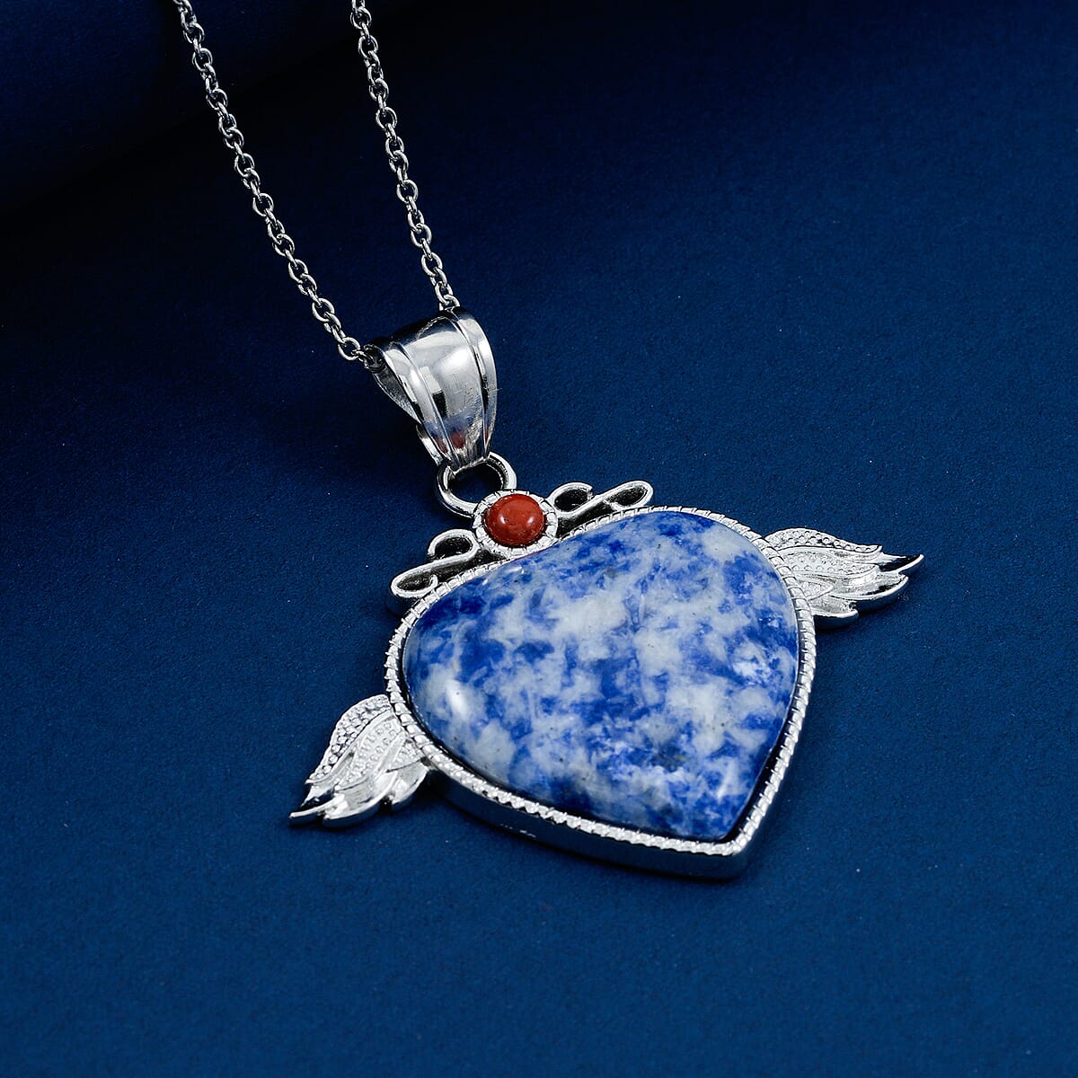 Sodalite and Red Aventurine 35.50 ctw Angel Wing Heart Pendant in Silvertone with Stainless Steel Necklace 20 Inches image number 1