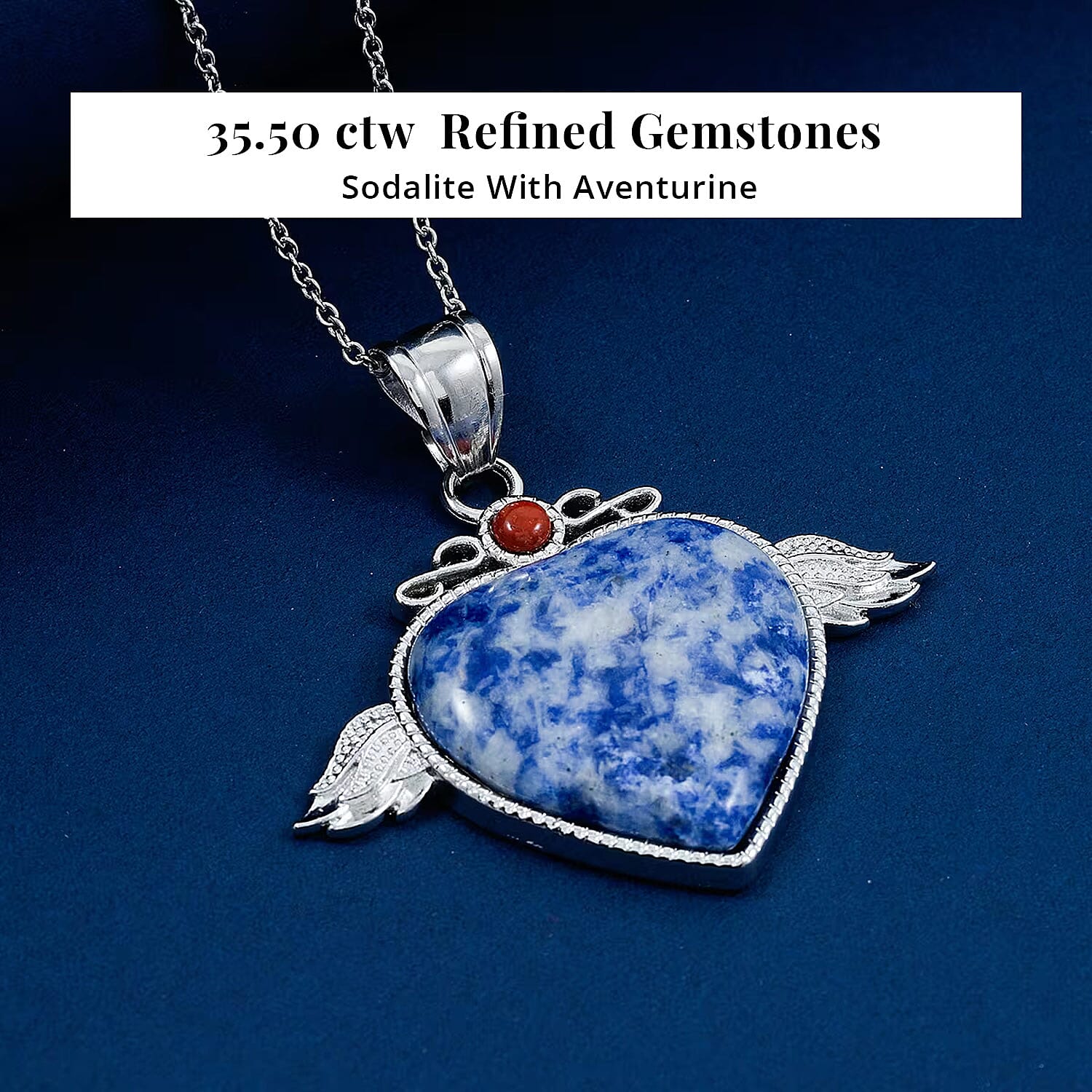 Sodalite, Red Aventurine Angel Wing Heart Pendant in Silvertone with Stainless Steel Necklace 35.50 ctw (20 Inches)
