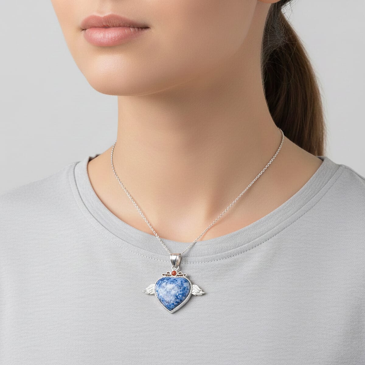 Sodalite and Red Aventurine 35.50 ctw Angel Wing Heart Pendant in Silvertone with Stainless Steel Necklace 20 Inches image number 2