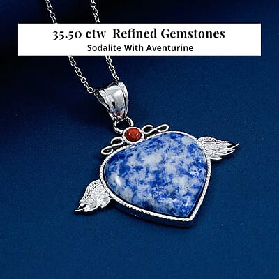 Sodalite, Red Aventurine Angel Wing Heart Pendant in Silvertone with Stainless Steel Necklace 35.50 ctw (20 Inches)