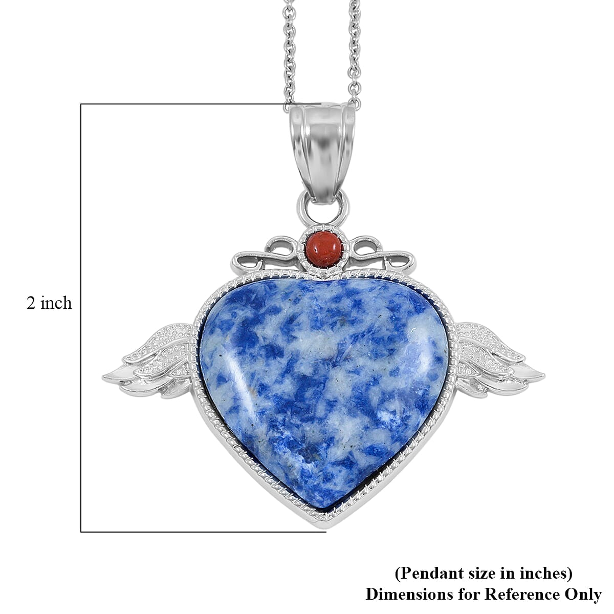 Sodalite and Red Aventurine 35.50 ctw Angel Wing Heart Pendant in Silvertone with Stainless Steel Necklace 20 Inches image number 4