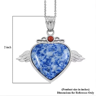 Sodalite, Red Aventurine Angel Wing Heart Pendant in Silvertone with Stainless Steel Necklace 35.50 ctw (20 Inches)