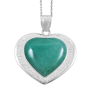 Green Aventurine 28.80 ctw Heart Pendant in Silvertone with Stainless Steel Necklace 20 Inches