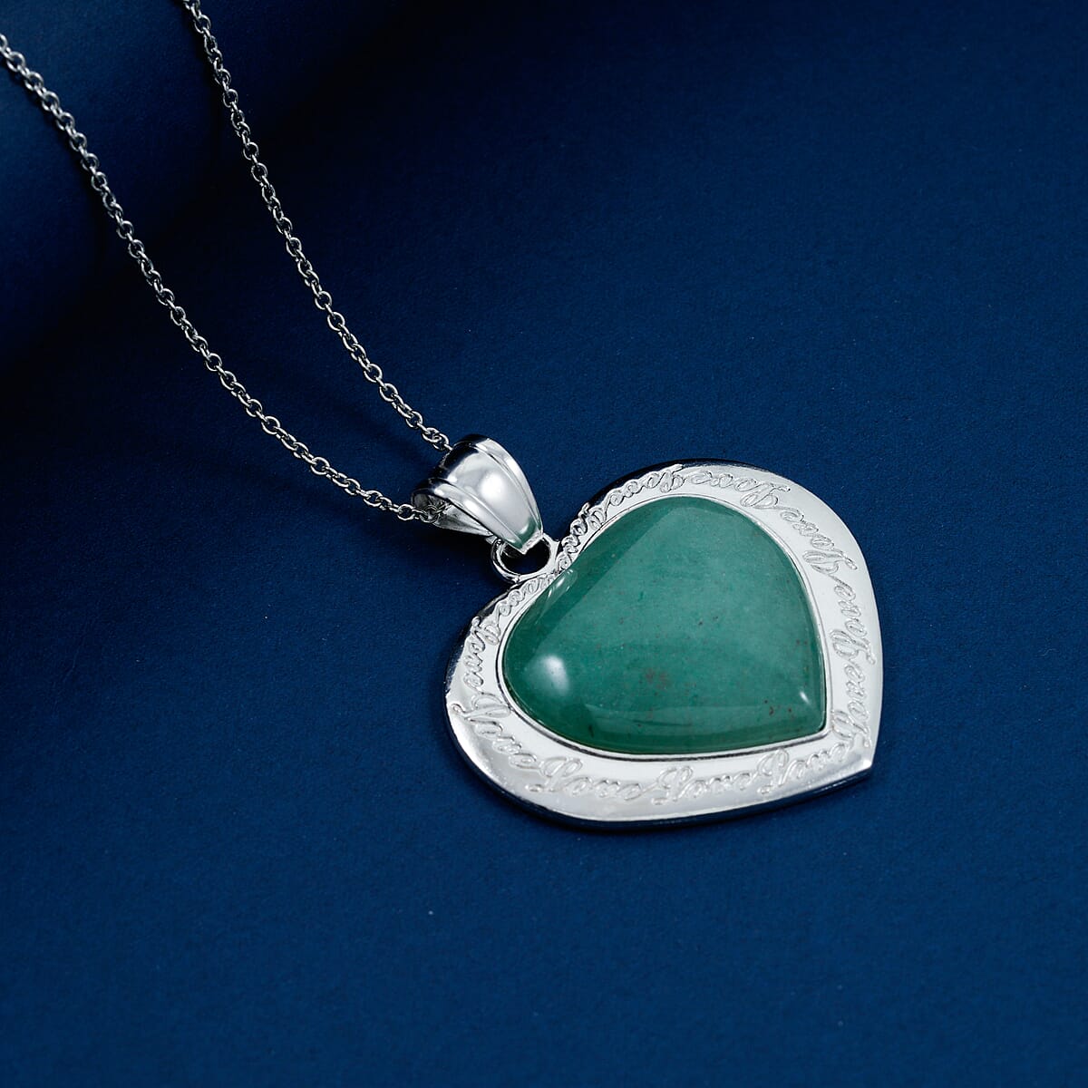Green Aventurine 28.80 ctw Heart Pendant in Silvertone with Stainless Steel Necklace 20 Inches image number 1