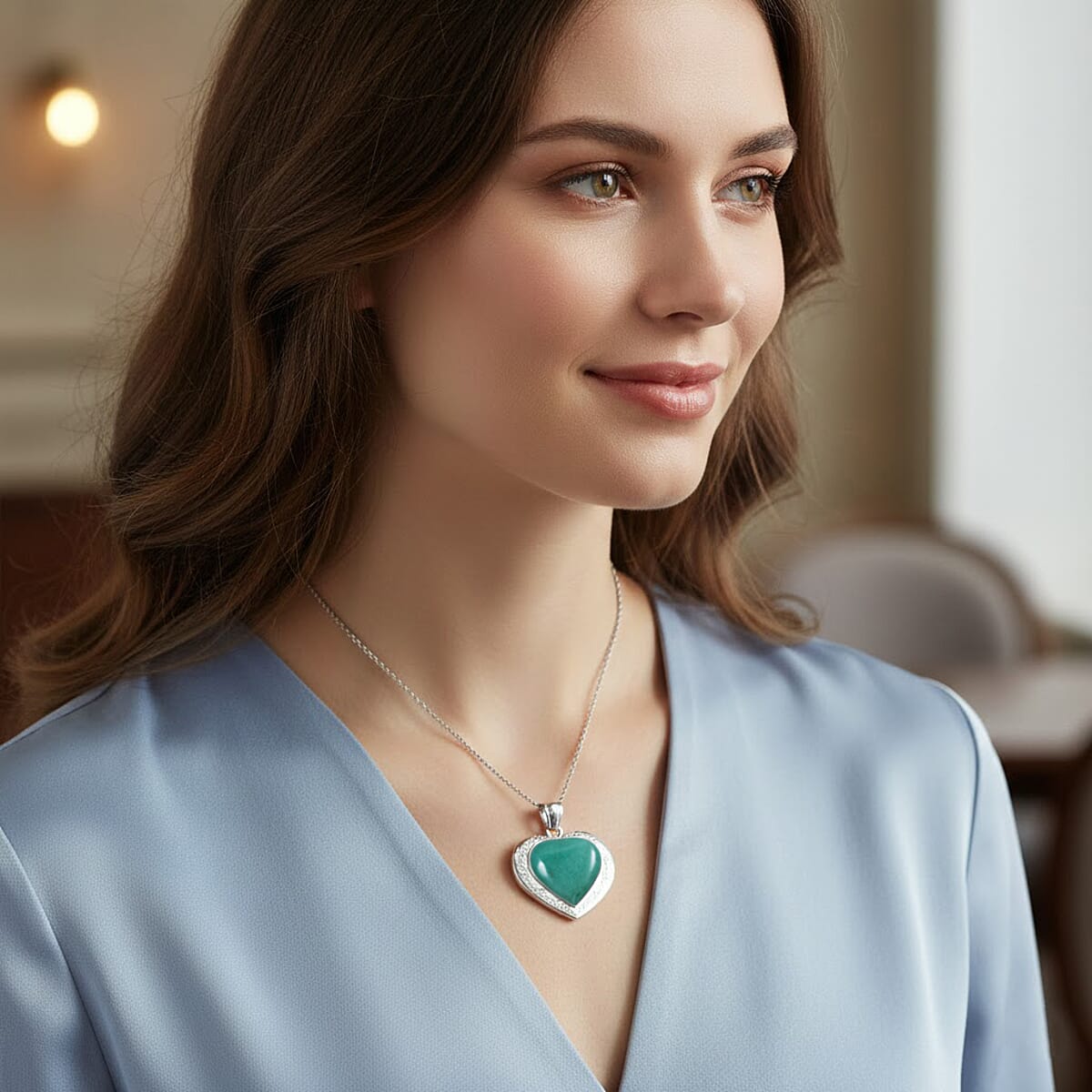 Green Aventurine 28.80 ctw Heart Pendant in Silvertone with Stainless Steel Necklace 20 Inches image number 2