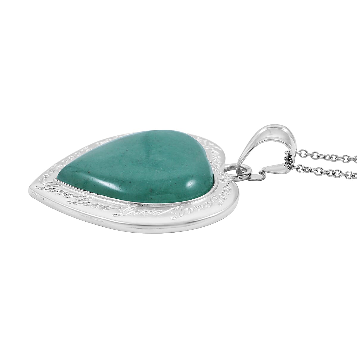 Green Aventurine 28.80 ctw Heart Pendant in Silvertone with Stainless Steel Necklace 20 Inches image number 3