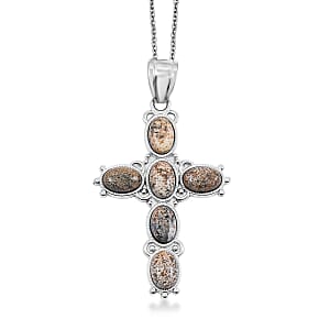 Picture Jasper 12.50 ctw Cross Pendant in Silvertone with Stainless Steel Necklace 20 Inches