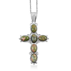 Unakite 13.40 ctw Pendant in Silvertone with Stainless Steel Necklace 20 Inches