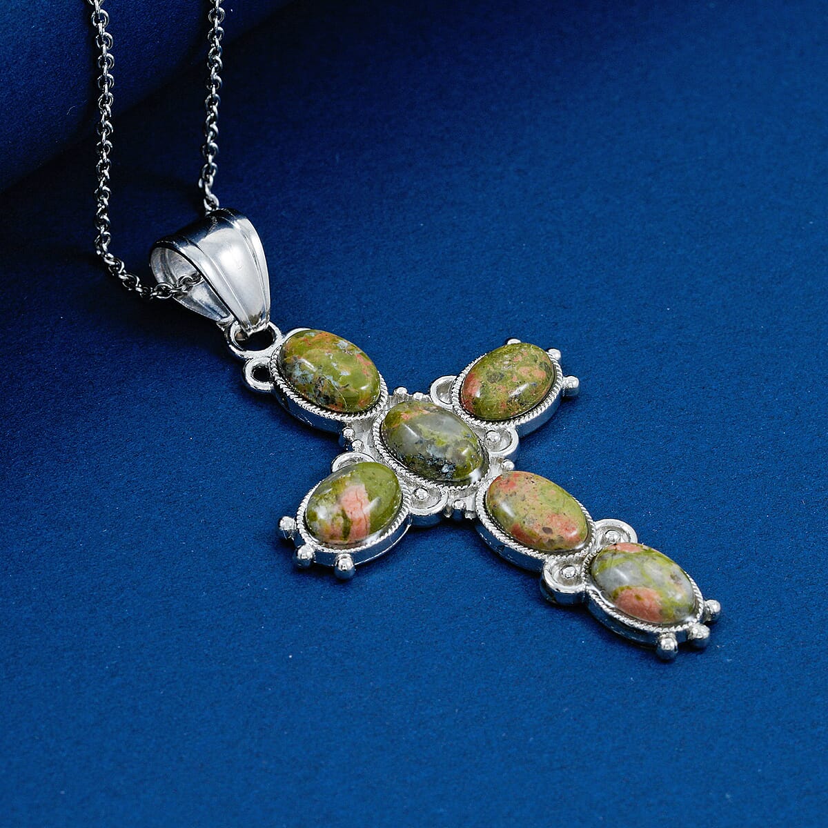 Unakite 13.40 ctw Pendant in Silvertone with Stainless Steel Necklace 20 Inches image number 1