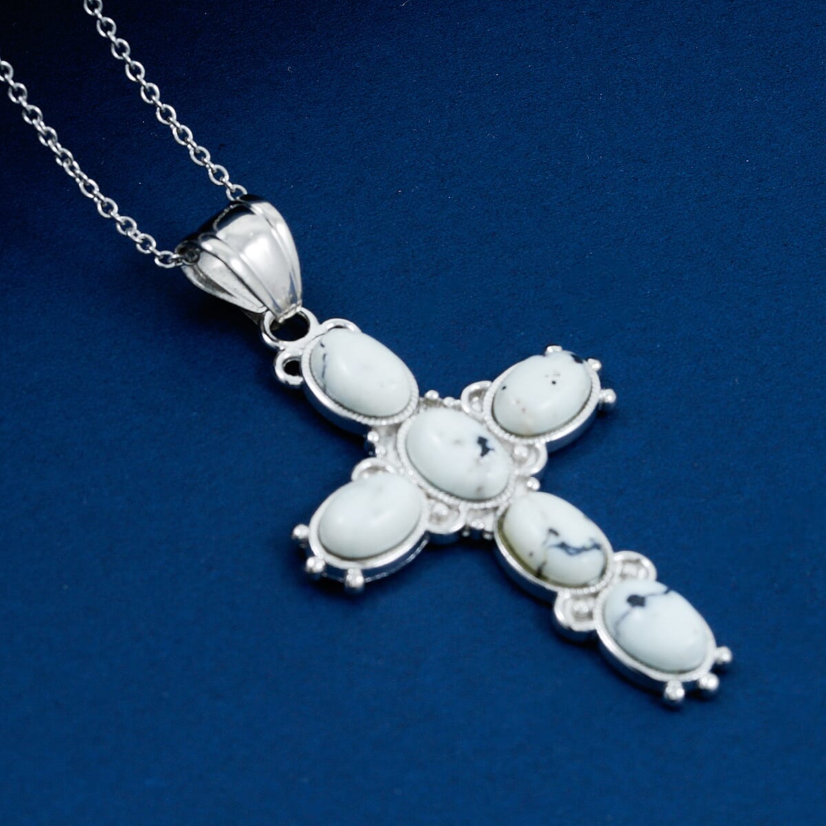 White Turquoise 13.30 ctw Cross Pendant in Silvertone with Stainless Steel Necklace 20 Inches image number 1