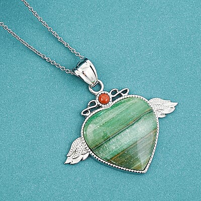 Rhodochrosite and Red Aventurine 36.00 ctw Pendant in Silvertone with Stainless Steel Necklace 20 Inches